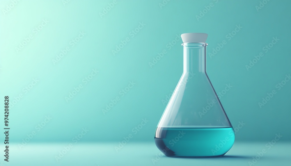 A Glass Erlenmeyer Flask Filled with Blue Liquid Against a Turquoise Background A Glass Erlenmeyer Flask Filled with Blue Liquid Against a Turquoise Background
