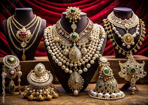 Lavish display of high-end luxury diamonds, pearls, and precious gems adorn intricately designed gold and silver