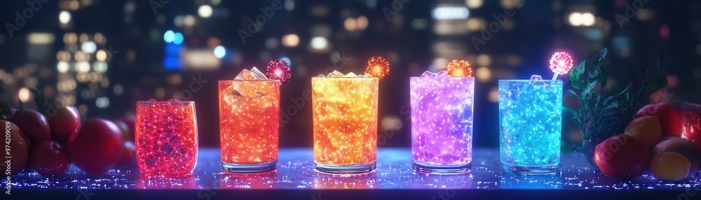 Vibrant cocktails with ice and colorful garnishes, perfect for nightlife themes or summer parties with a stunning city backdrop. Vibrant cocktails with ice and colorful garnishes, perfect for nightlife themes or summer parties with a stunning city backdrop.