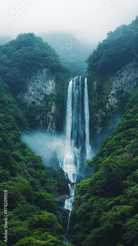 Serene Waterfall in Lush Forest - Majestic waterfall flowing down steep cliff with mist rising, surrounded by greenery.
