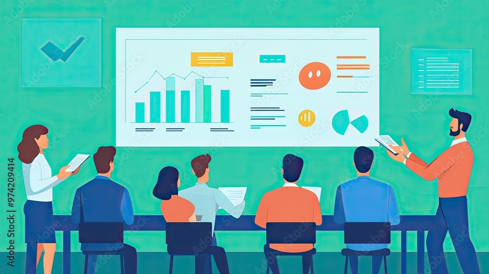 A group of people are sitting at a table, listening to a man who is presenting a report on a whiteboard. A group of people are sitting at a table, listening to a man who is presenting a report on a whiteboard.