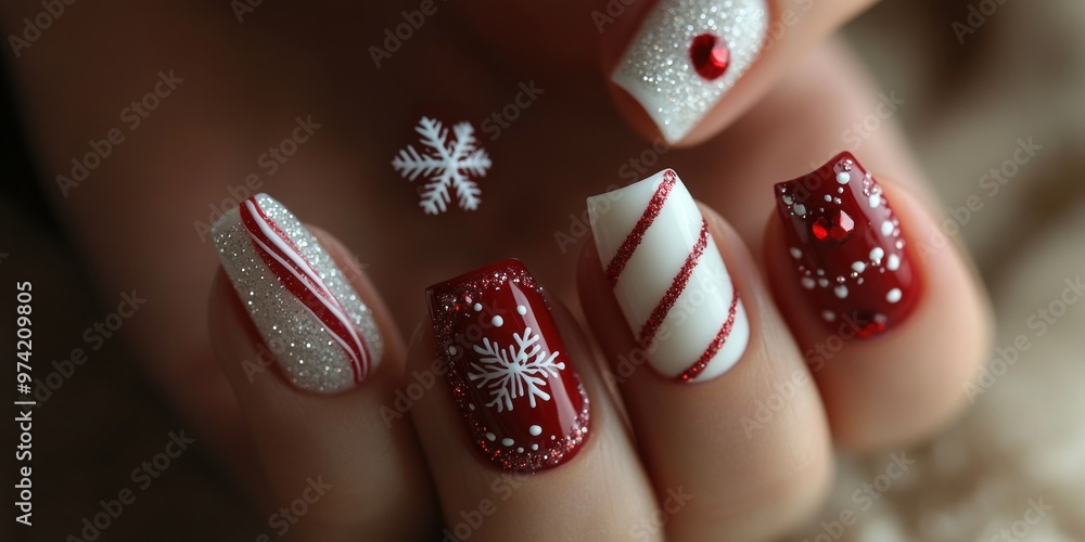 Close-up of Festive Red and White Christmas Nail Art Close-up of Festive Red and White Christmas Nail Art