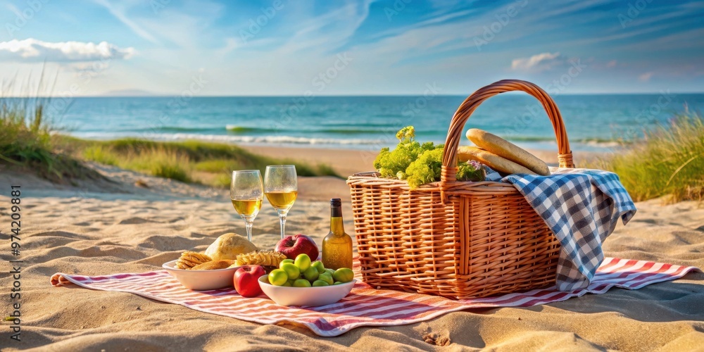 Summer beach picnic basket with food, drinks, and accessories on sandy shore Summer beach picnic basket with food, drinks, and accessories on sandy shore