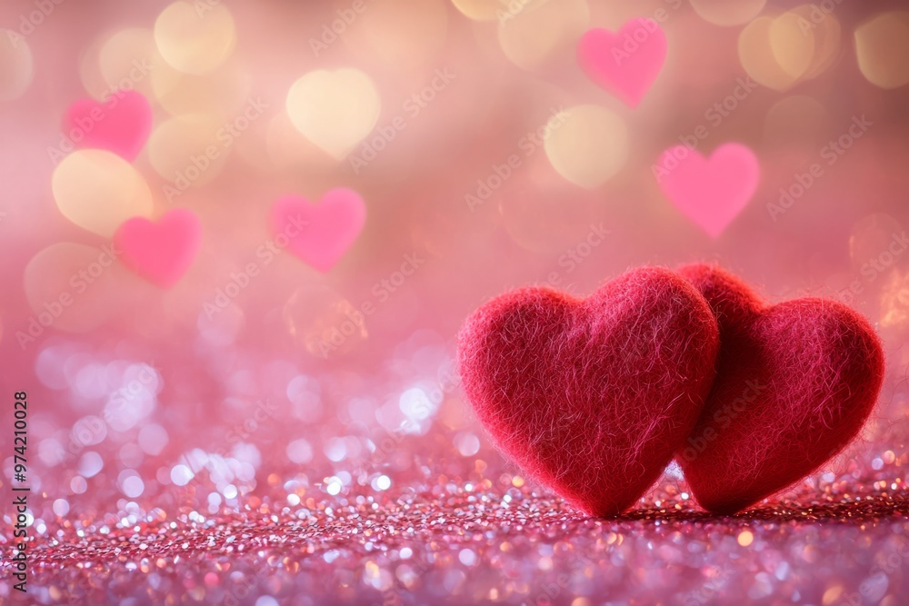 Fototapeta premium Two red hearts placed together on a sparkly surface. They symbolize love and affection, perfect for romantic themes. This image captures tenderness and beauty. Generative AI