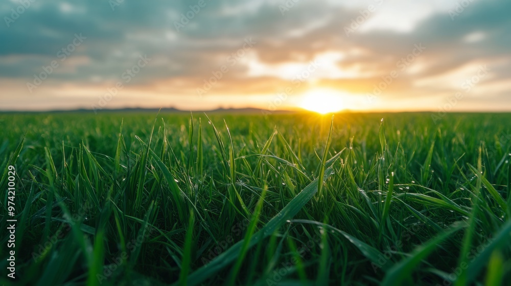 Fototapeta premium Green grass stretching out to the horizon in a serene setting,