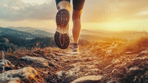 31081541 21 Runner's perspective of a trail marathon, heart rate data and terrain elevation visualized in augmented reality style, golden hour lighting photo