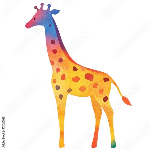 A vibrant watercolor illustration of a giraffe, showcasing colorful spots and a whimsical design for creative projects. photo