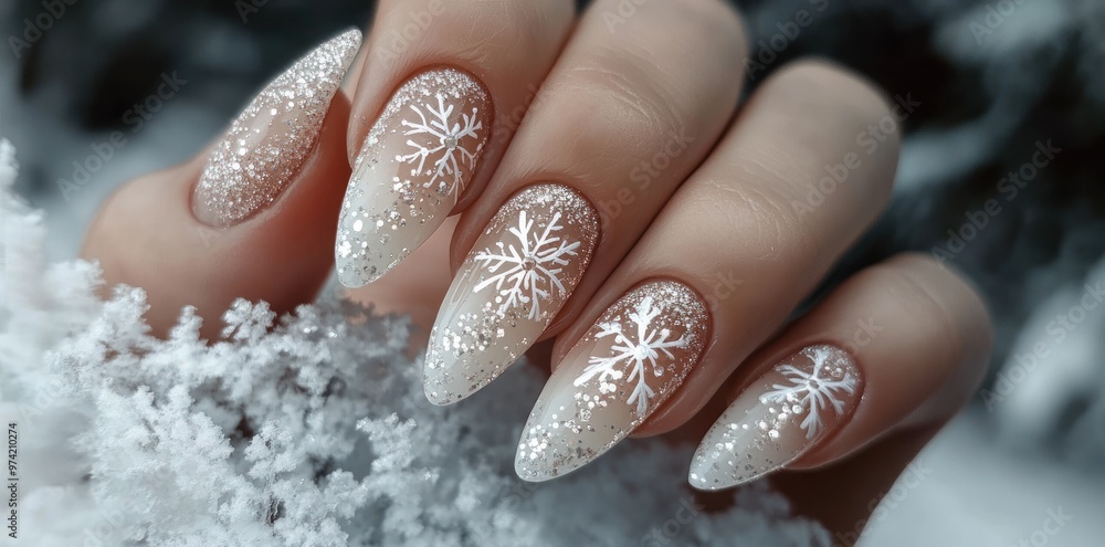 Close-up of a hand with white snowflake nail art against a snowy background. Close-up of a hand with white snowflake nail art against a snowy background.