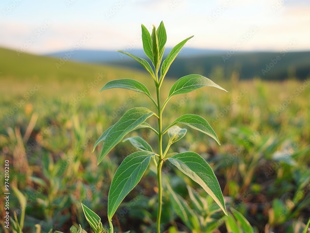 Obraz premium An amidst the beauty of the countryside, a young Withania plant can be seen growing in a field, exemplifying their dicotyledonous traits,