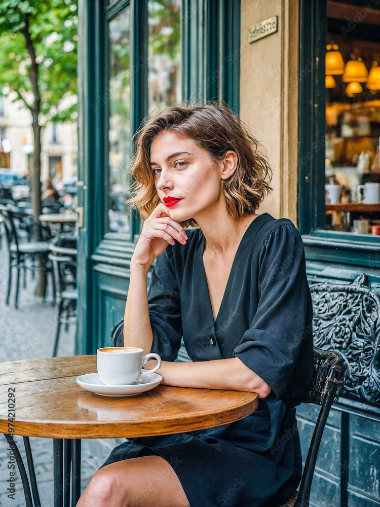 A stylish woman with bold red lipstick sits at a Parisian café, enjoying a cup of coffee. Dressed in a chic black outfit, she gazes thoughtfully, embodying the elegance of Parisian fashion. A stylish woman with bold red lipstick sits at a Parisian café, enjoying a cup of coffee. Dressed in a chic black outfit, she gazes thoughtfully, embodying the elegance of Parisian fashion.