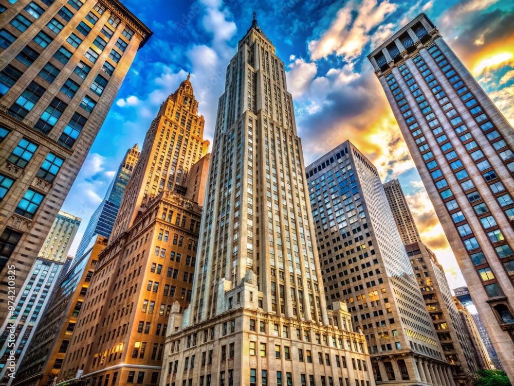 Majestic Art Deco skyscraper with intricate stonework and gleaming windows dominates the Financial District's bustling Majestic Art Deco skyscraper with intricate stonework and gleaming windows dominates the Financial District's bustling