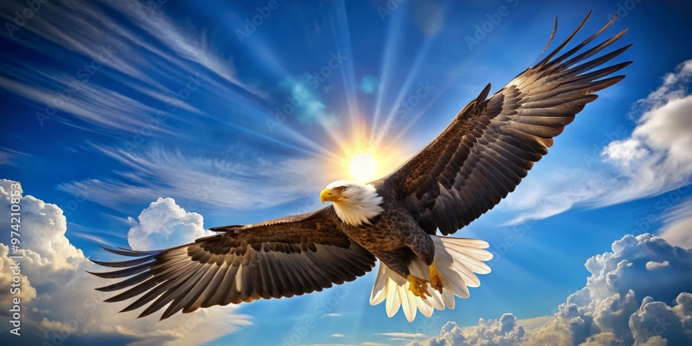 Fototapeta premium Majestic bald eagle soars against a brilliant blue sky with outstretched wings, feathers glistening in the sunlight,