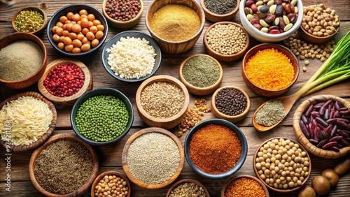 Assorted collection of gluten-free cereals, grains, beans, and seeds on a table with copy space