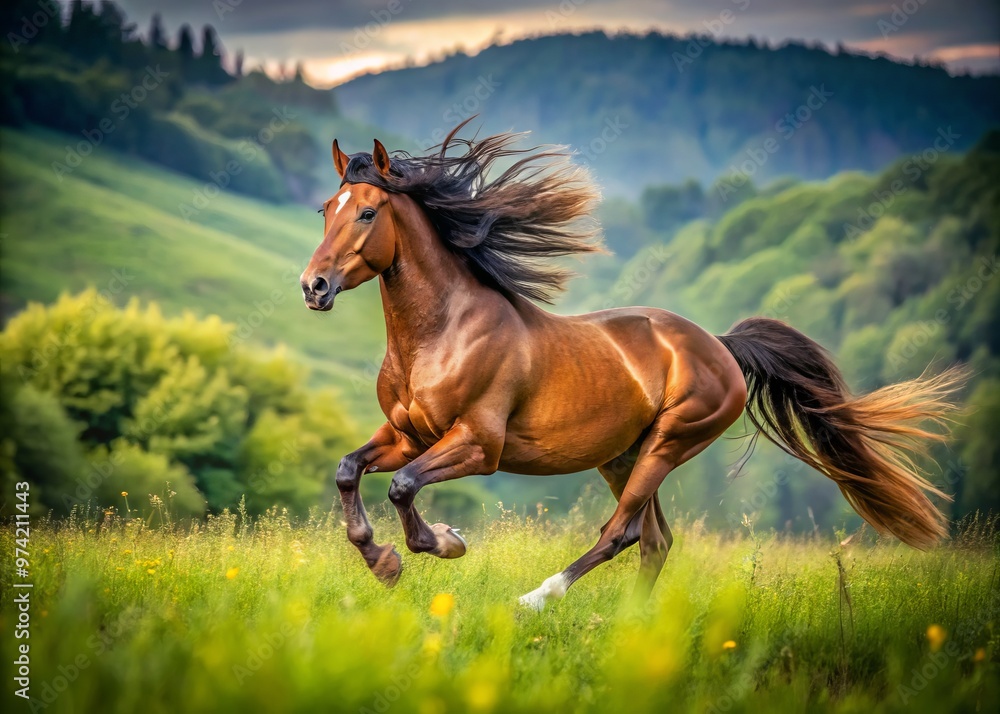 Obraz premium Majestic brown horse galloping freely in a lush green meadow, its mane flowing in the wind, showcasing strength,