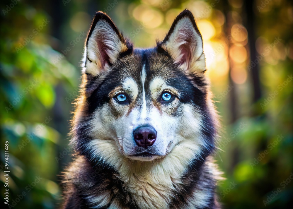 Majestic canine hybrid with piercing blue eyes and wolf-like features, showcasing a striking mix of husky and German Majestic canine hybrid with piercing blue eyes and wolf-like features, showcasing a striking mix of husky and German
