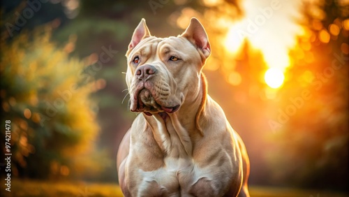 Majestic Bully Kutta dog stands proudly, showcasing its muscular build, wrinkled skin, and distinctive ears, against a photo