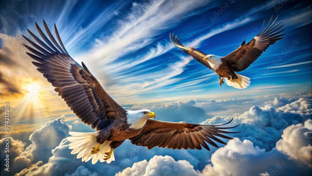 Fototapeta premium Majestic eagles spread wings, soar against brilliant blue sky with fluffy white clouds, freedom and power emanating