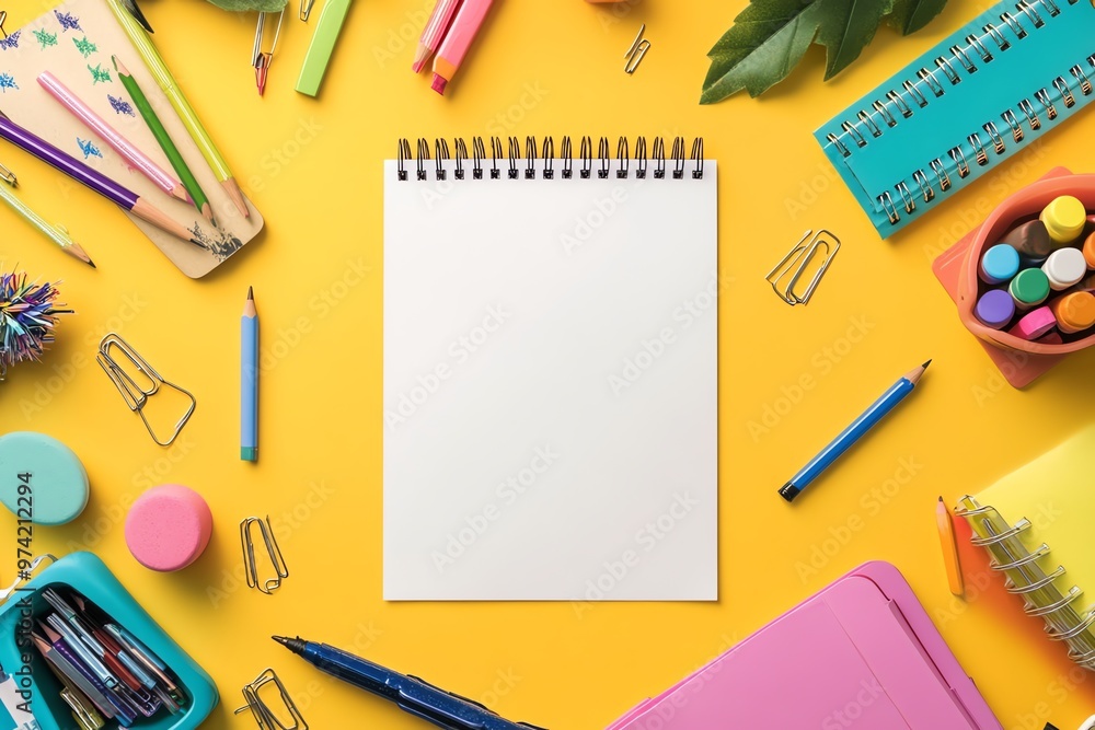 Blank Notebook Surrounded by Colorful School Supplies on a Yellow Background Blank Notebook Surrounded by Colorful School Supplies on a Yellow Background