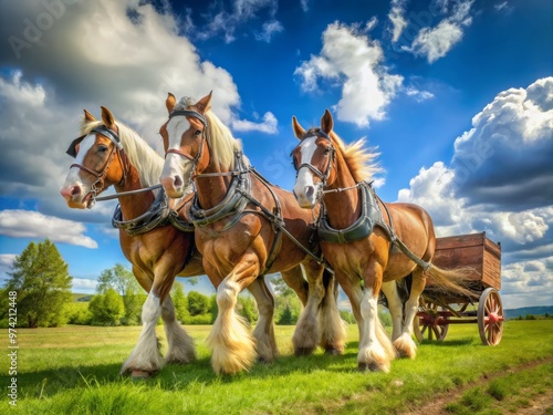 Majestic draft horses with feathery legs and powerful muscles pull a rustic wooden wagon through a lush green