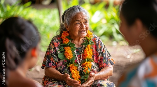 Indigenous Hawaiian elder sharing stories with a small group in a traditional setting