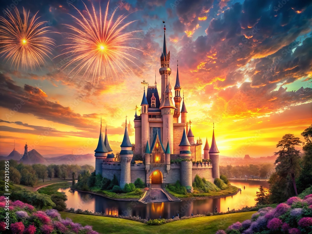 Obraz premium Majestic fairy-tale fortress with soaring spires and grand towers standing tall amidst a vibrant sunset, surrounded by