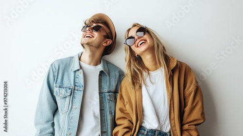 A young couple in sunglasses laughing together against a white wall.