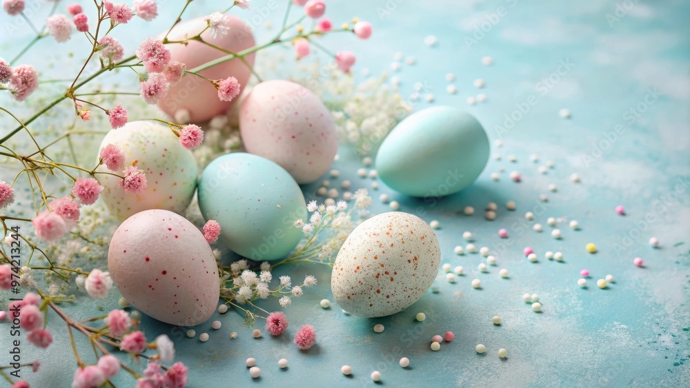 Pastel colored Easter eggs with speckled patterns nestled among delicate flower branches and sprinkles on a light blue surface creating a serene scene Pastel colored Easter eggs with speckled patterns nestled among delicate flower branches and sprinkles on a light blue surface creating a serene scene