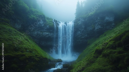 Majestic Waterfall Cascading into Rocky Basin with Misty Cliffs - Scenic Nature Landscape