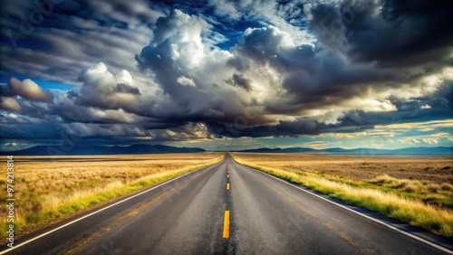 Depiction of a long asphalt road disappearing into a cloudy landscape