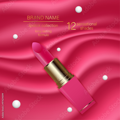 Beauty template design, premium cosmetic presentation, realistic pink lipstick on silk fabric background with white pearl vector illustration.