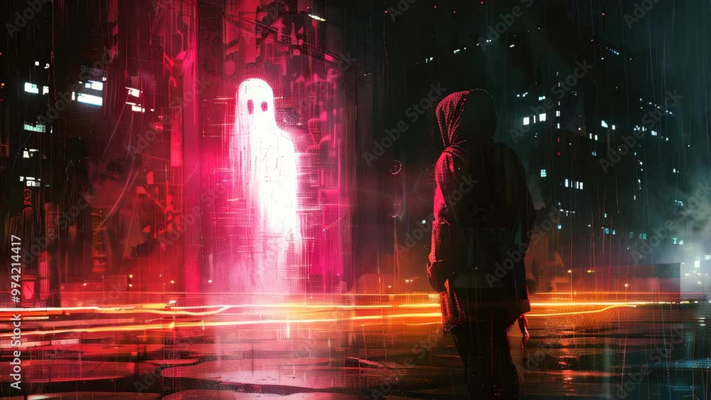 A mysterious encounter in a neon-lit city at night as a figure stands before an ethereal ghostly apparition A mysterious encounter in a neon-lit city at night as a figure stands before an ethereal ghostly apparition