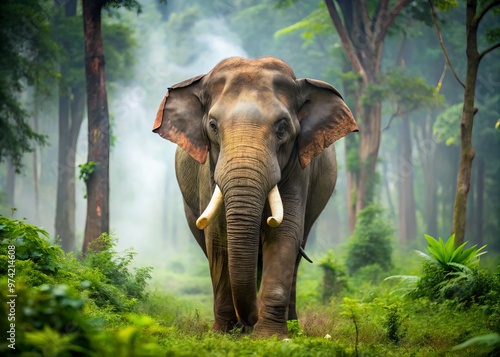 Majestic Indian elephant, Elephas maximus indicus, with wrinkled gray skin and curved tusks, roams freely in a lush,