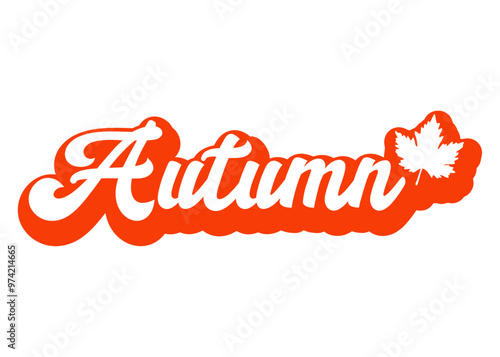 Logo palabra Autumn en texto manuscrito con hoja de árbol con sombra 3d