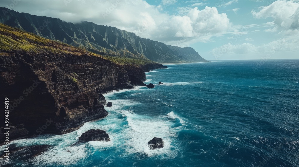 Scenic view of Hawaii's rugged coastline with crashing waves and rocky cliffs Scenic view of Hawaii's rugged coastline with crashing waves and rocky cliffs