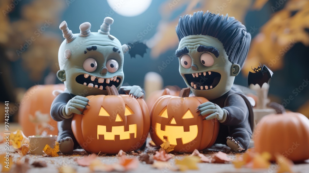 Fototapeta premium Spooktacular Halloween Fun: Frankenstein Characters Carving Pumpkins in 3D Illustration, Generative AI