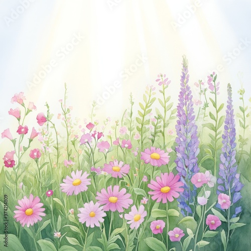 A serene field of colorful flowers basking in sunshine, creating a peaceful and vibrant natural scene.