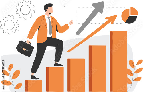 a man with a briefcase is running, walks, climbing up a graph that says success financial growth Global economy, money and business