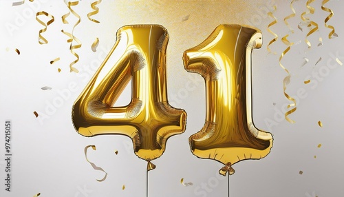 Gold birthday / anniversary balloon, number 41, white background with confetti