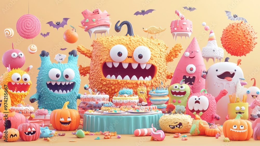 Colorful Cartoon Monsters Feasting at Halloween Buffet - Spooky 3D Illustration with Festive Decorations, Generative AI Colorful Cartoon Monsters Feasting at Halloween Buffet - Spooky 3D Illustration with Festive Decorations, Generative AI