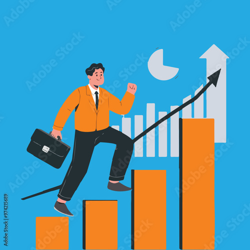 a man with a briefcase is running, walks, climbing up a graph that says success financial growth Global economy, money and business