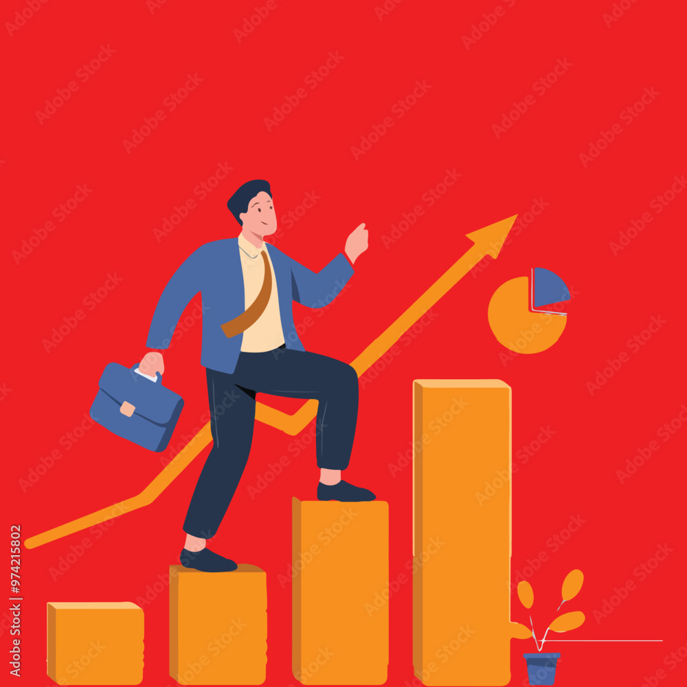 a man with a briefcase is running, walks, climbing up a graph that says success financial growth Global economy, money and business a man with a briefcase is running, walks, climbing up a graph that says success financial growth Global economy, money and business