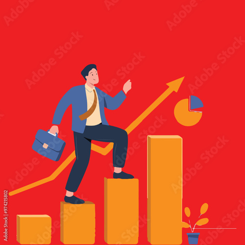 a man with a briefcase is running, walks, climbing up a graph that says success financial growth Global economy, money and business