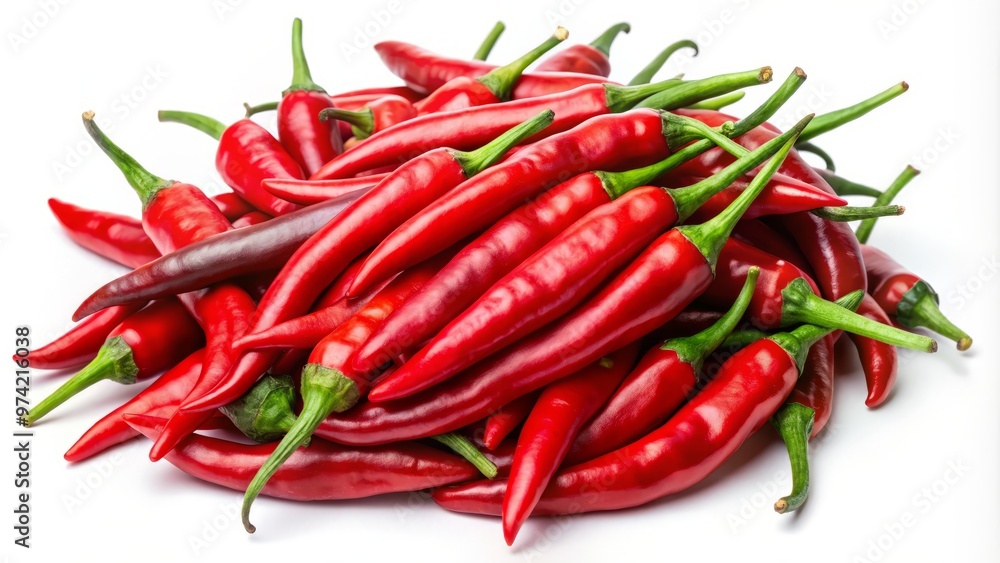 On a clean white canvas, radiant red chili peppers burst forth, offering a spicy kick and sizzling heat On a clean white canvas, radiant red chili peppers burst forth, offering a spicy kick and sizzling heat