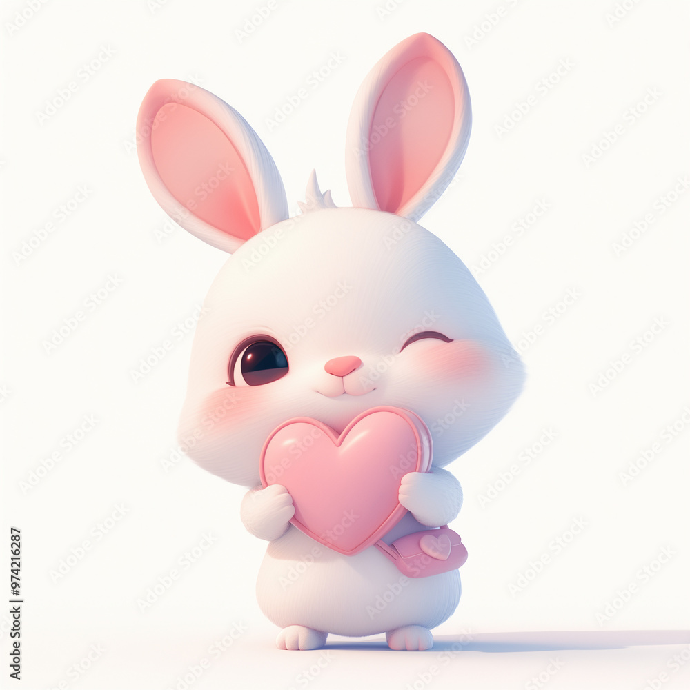 White WInking Bunny with Pink Heart on White Background. Illustration for Kids White WInking Bunny with Pink Heart on White Background. Illustration for Kids