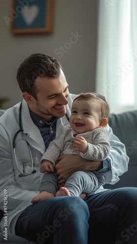 Pediatric doctor in a white medical coat holds a small child on their lap, creating a comforting and caring environment. Trust, compassion, and child-centered medical care.