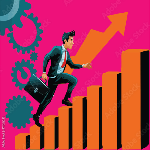 a man with a briefcase is running, walks, climbing up a graph that says success financial growth Global economy, money and business