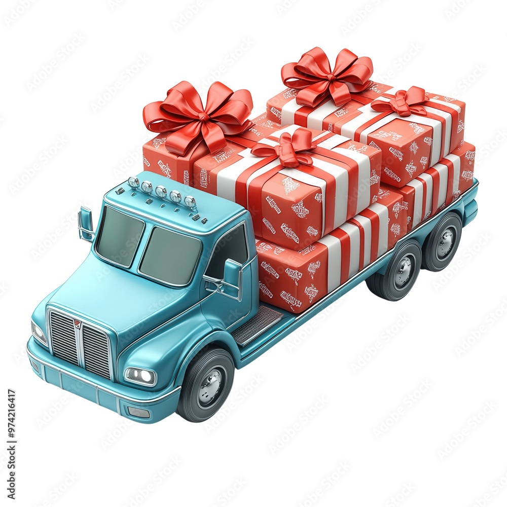 A cheerful blue truck adorned with red and white gift boxes, perfect for festive occasions and holiday celebrations. A cheerful blue truck adorned with red and white gift boxes, perfect for festive occasions and holiday celebrations.