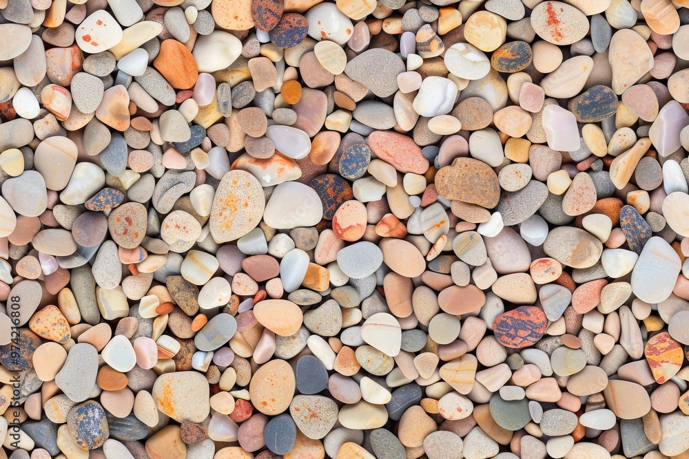 A close-up shot of a variety of smooth stones in various shades of brown, gray, pink, and white. A close-up shot of a variety of smooth stones in various shades of brown, gray, pink, and white.