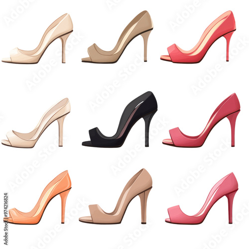 Set of various Women Fashionable Heels on isolated transparent cutout PNG Background