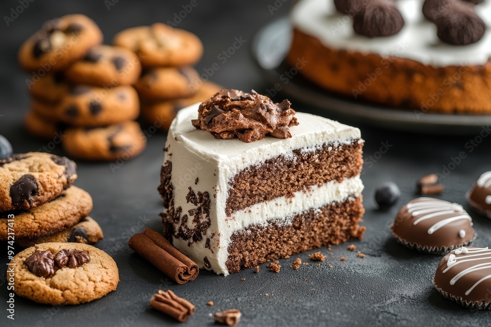 A delicious chocolate cake slice with cookies and chocolate treats on a dark background. A delicious chocolate cake slice with cookies and chocolate treats on a dark background.